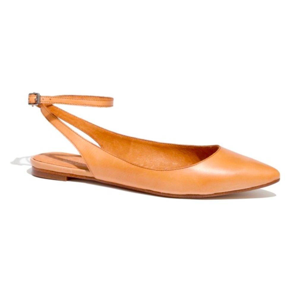 Madewell Ankle Wrap Buckle Strap “The Margot Flat” Tan Leather Pointed T…